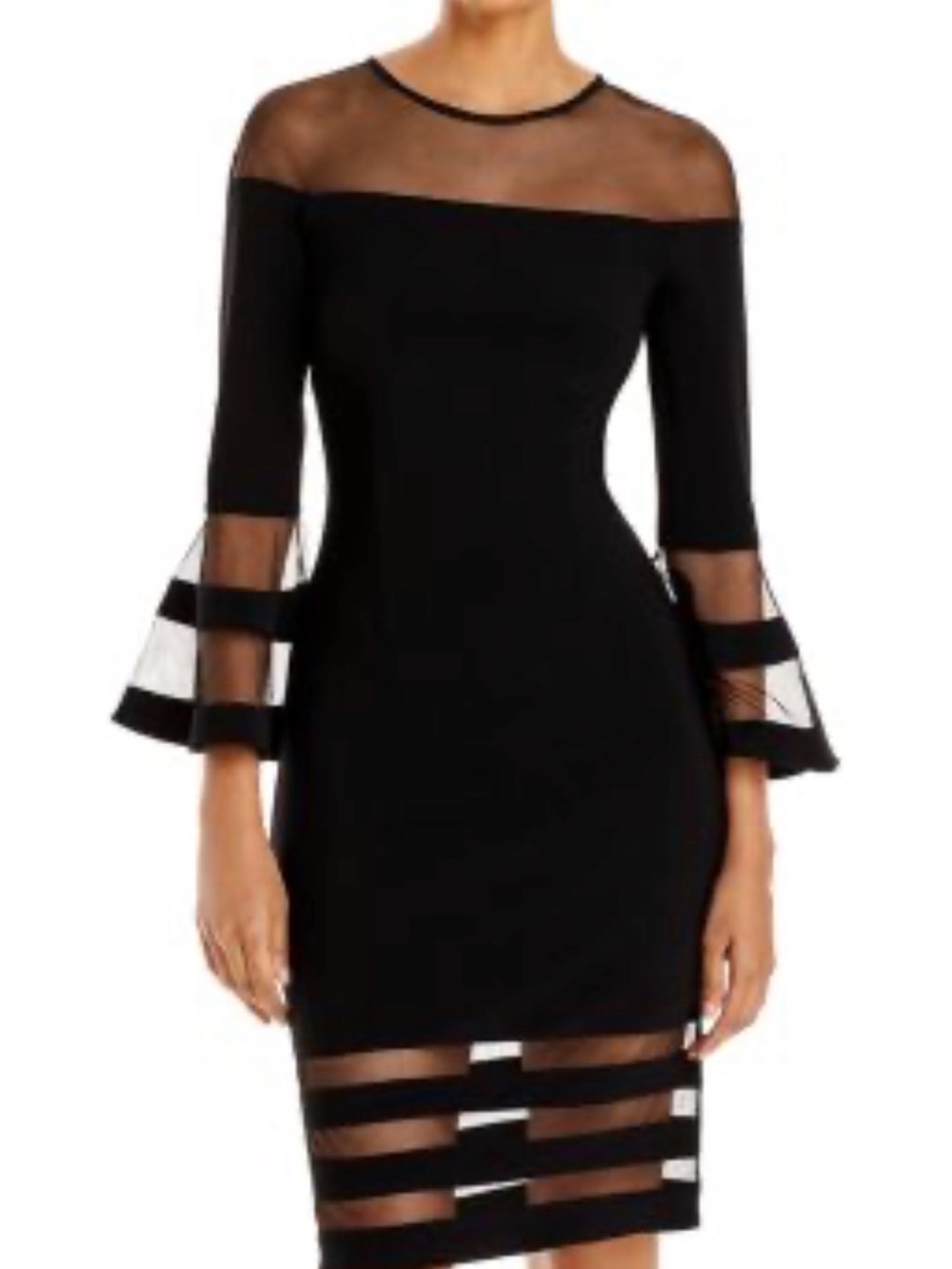 Betsy & Adam Black Sheer-Panel Midi Dress